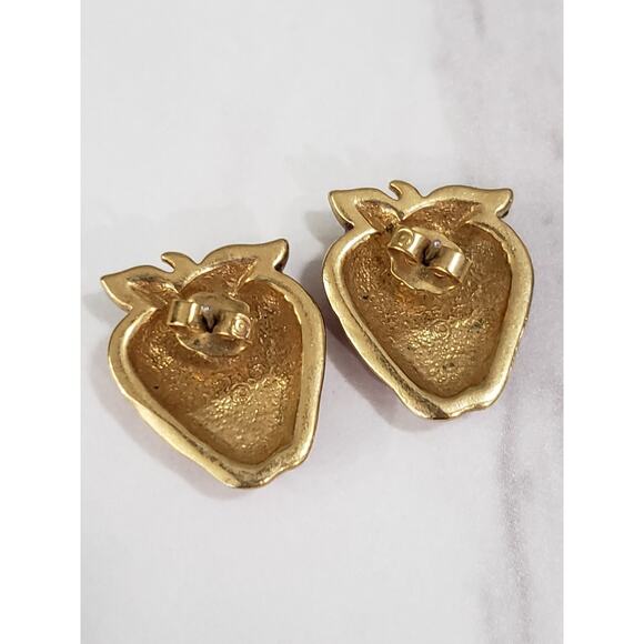 Vintage 90's Avon Very Berry Strawberry‎ Earrings Red Enamel Pierced Gold Tone - Picture 3 of 3